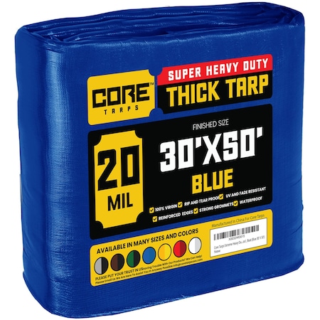 Core Tarps Heavy Duty Tarp, 50 ft L x 0.5 mm H x 30 ft W, 20 Mil, Blue, Polyethylene CT-705-30X50
